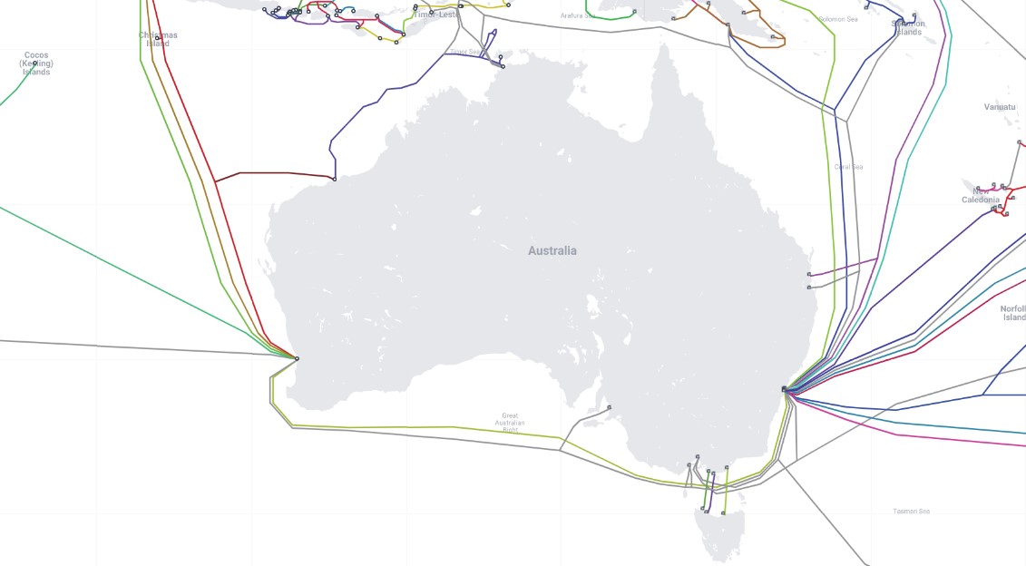 Existing and planned Australian submarine cable connections (Map via TeleGeography, www.submarinecablemap.com under CC BY-SA 4.0)